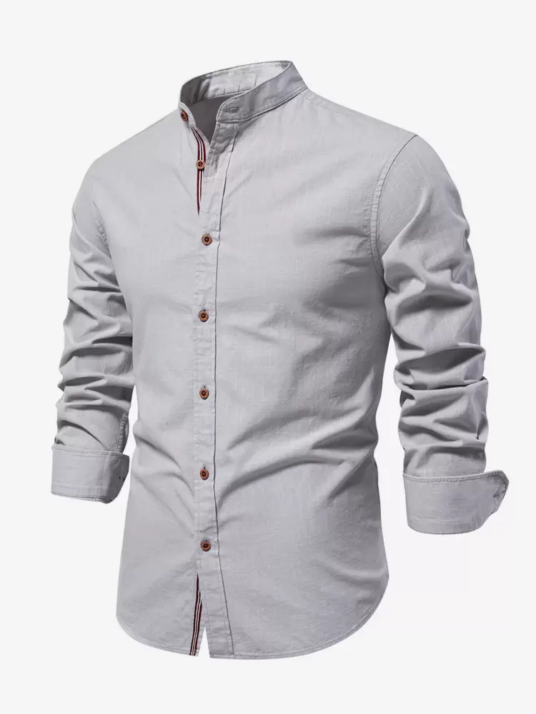 Gray-Men’s Slim Shirt Cotton and Linen Casual Single Breasted Solid Color Long-Sleeved Shirt