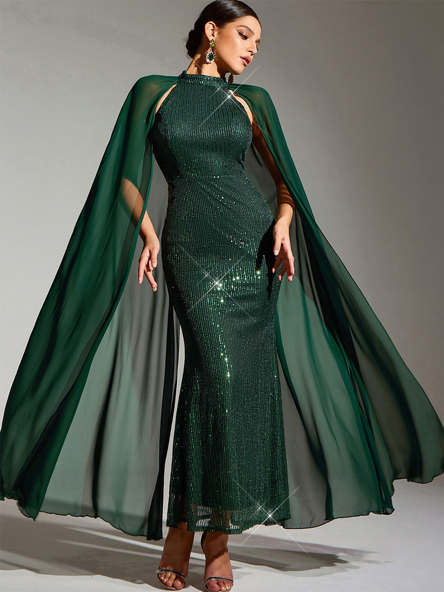 Robe de soirée verte foncée à paillettes et col bijou sans manches robe semi-formelle