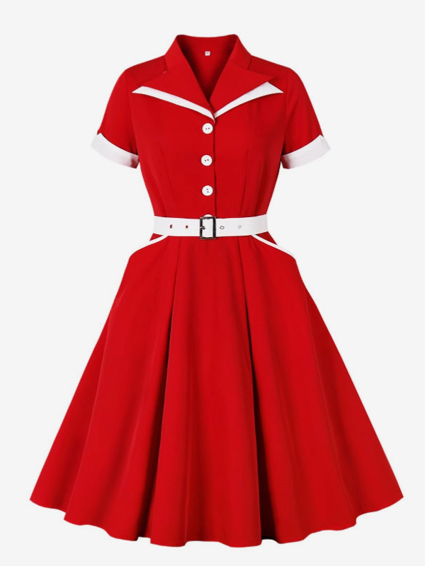 Robe rétro rouge des années 1950 style Audrey Hepburn ceinture bicolore manches courtes col rabattu longue robe trapèze