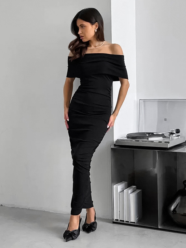 Robe moulante à épaules dénudées coupe ajustée élégante semi-formelle robe longue froncée pour femmes 2025