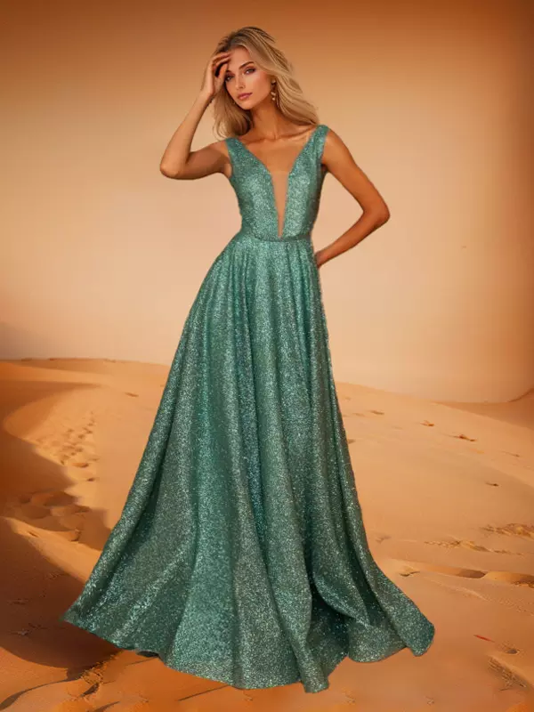 Evening Dress A-Line V-Neck Polyester with Train Formal Dinner Dresses