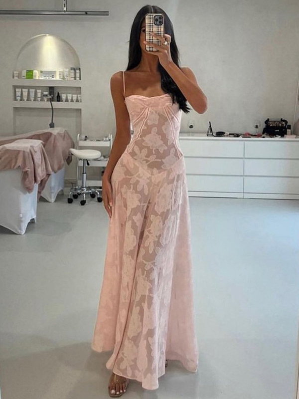 Robes de soirée bretelles roses cou sans manches imprimé floral robe semi-formelle transparente