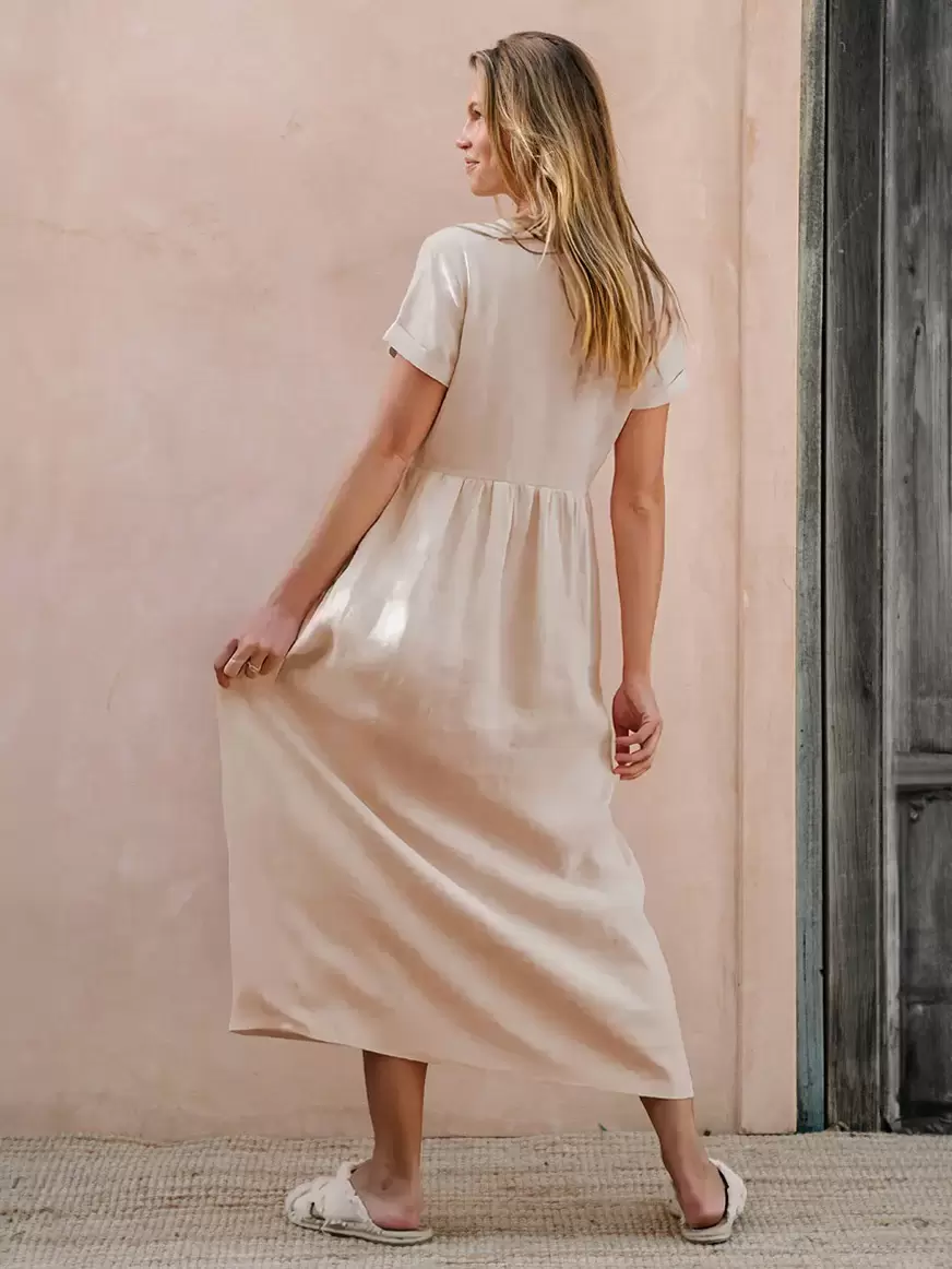Back View-Shift Dresses Apricot V-Neck Buttons Cotton Linen Layered Adult's Fantastic Tube Dress