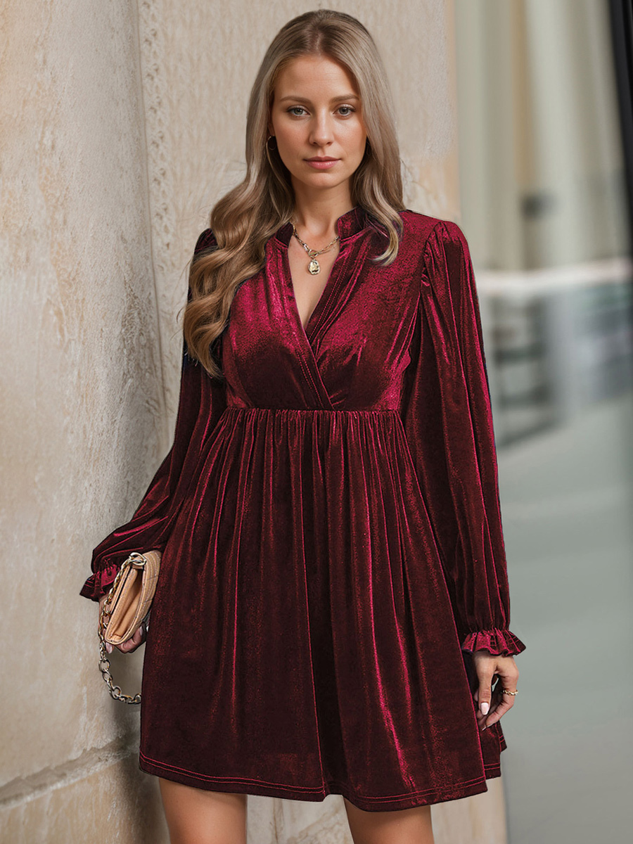 Robe En Velours Bordeaux Col En V Manches Longues Hiver Chic Superposé Mini Robe