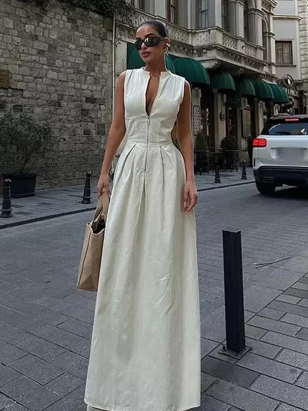 Robe longue en polyester à col bijou sans manches avec fermeture éclair et longueur au sol