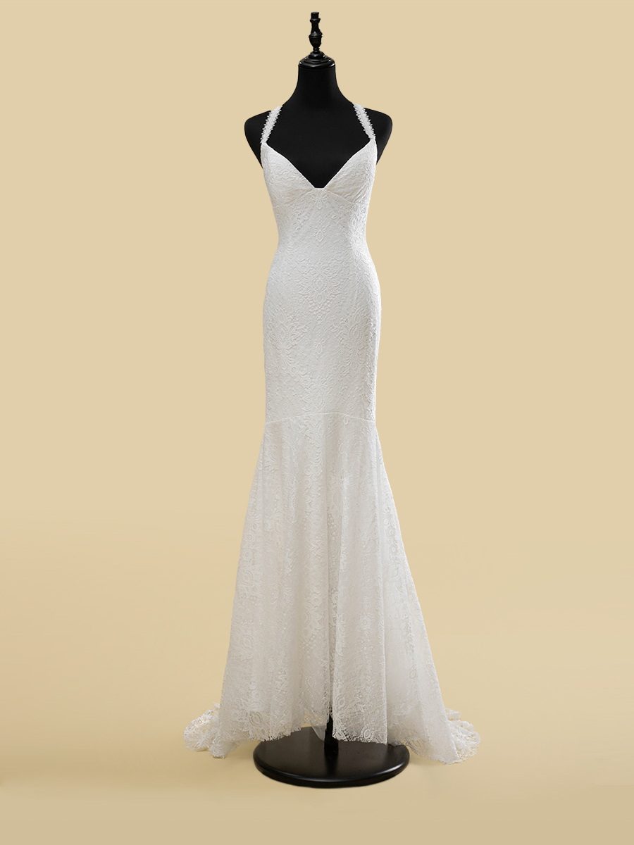 Robe de mariée col en V sans manches taille naturelle découpée avec traîne robe de mariée sirène