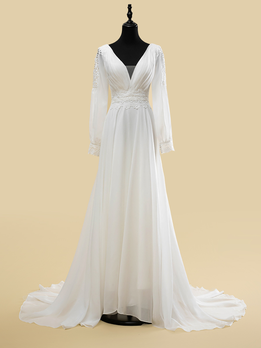 Robe de mariée simple A-Line col en V manches longues découpées 40 cm robes de mariée