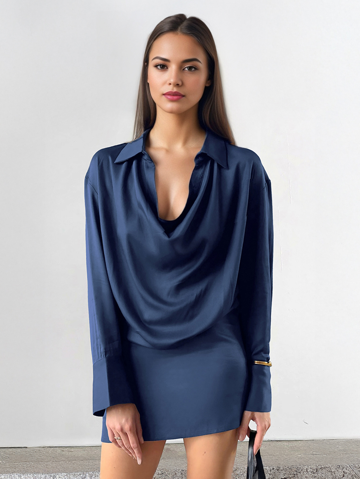 Robe en satin bleu à col bénitier et manches longues plissée mini robe sexy pour femme 2025