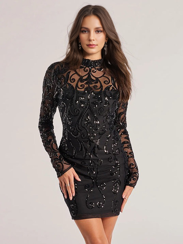 Robe courte à paillettes en noir à manches longues et col montant pour fête d&#39;anniversaire robe moulante transparente pour femme 2025