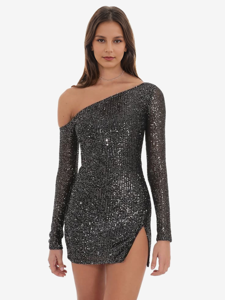 Robe moulante à paillettes asymétrique épaule dénudée manches longues fête d&#39;anniversaire mini robe fendue pour femmes 2025