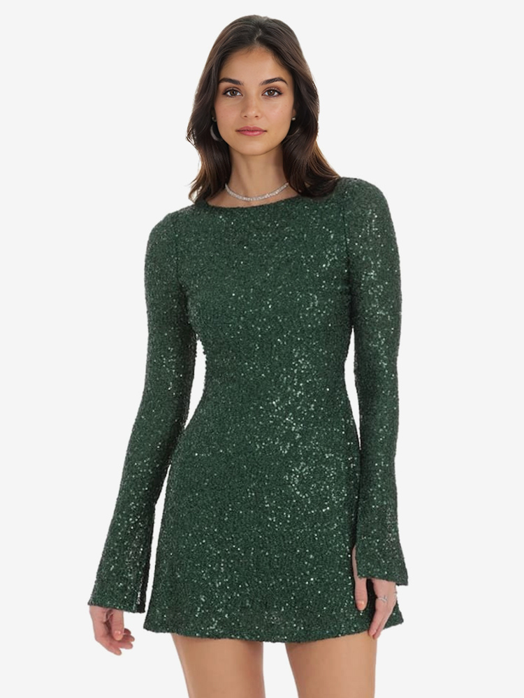 Robe mini à paillettes dos ouvert à manches longues robe de soirée d&#39;anniversaire pour femmes 2025