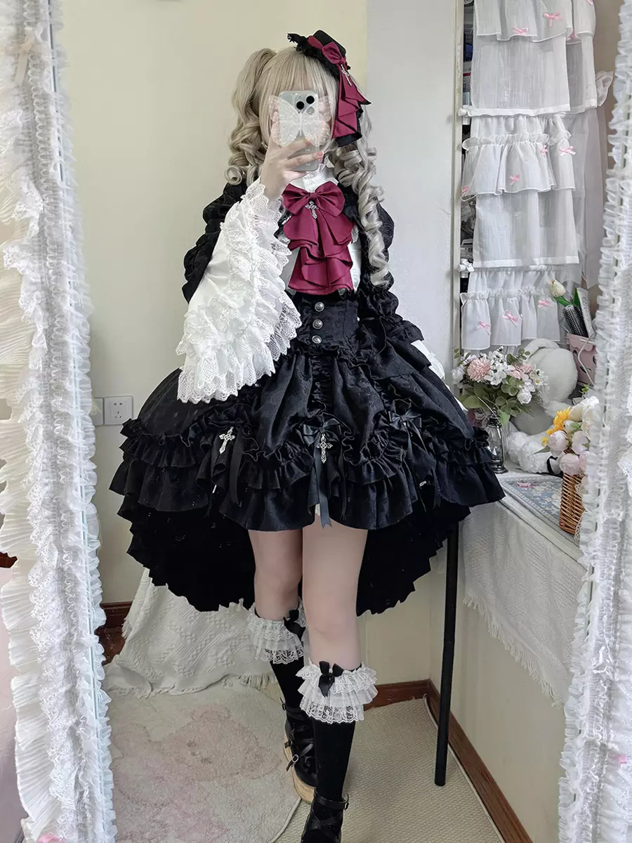 ゴシックロリータ衣装 黒レースリボン 長袖スカート オーバーコート