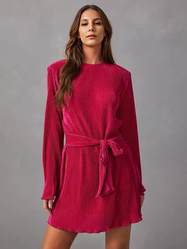 Mini robe plissée avec ceinture manches longues en cloche col ras du cou couleur unie robe trapèze de printemps pour femmes 2025