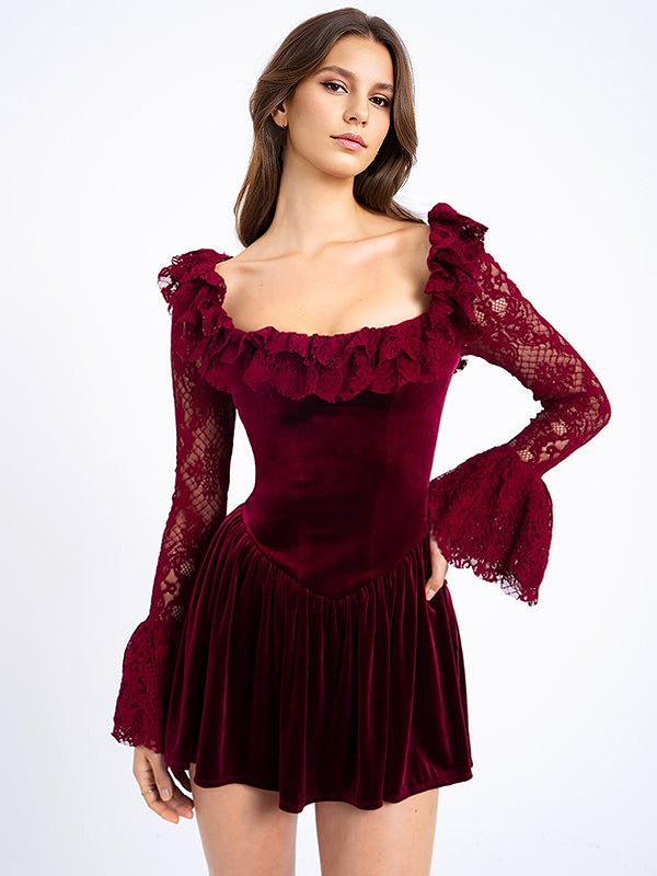 Robe vintage en velours avec manches évasées en dentelle bordeaux col carré mini robe de fête d&#39;anniversaire 2025