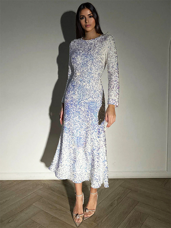 Robe à paillettes à manches longues et décolleté en bijou pour fête d&#39;anniversaire robe mi-longue pour femme 2025