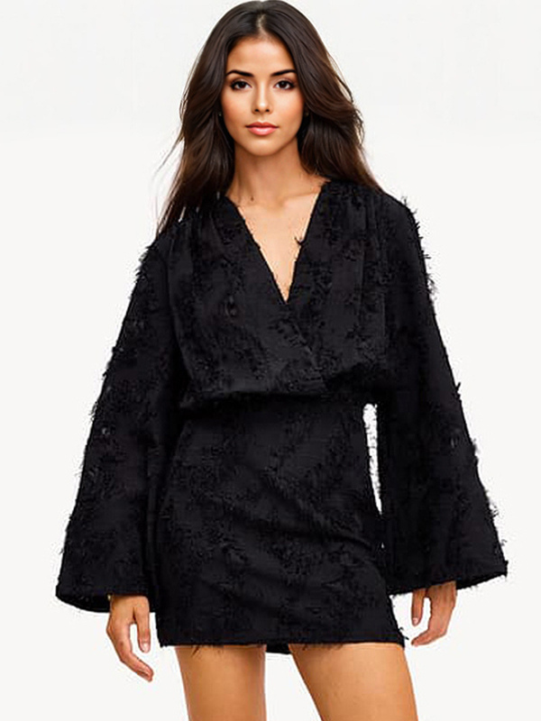 Mini robe avec détails floraux col en V manches longues robe de printemps pour femme 2025