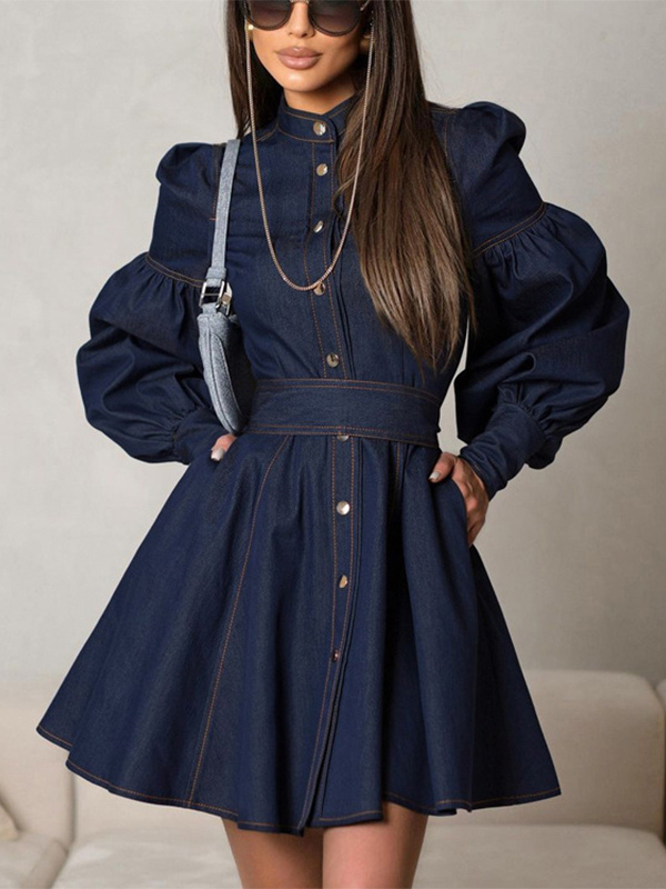 Robe patineuse en jean à manches bouffantes et boutonnée mini-robe trapèze pour femme 2025