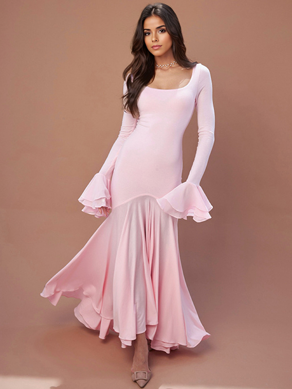 Robe longue rose à col carré et manches longues pour fête d&#39;anniversaire style sirène 2025