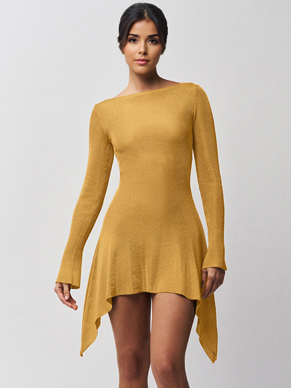 Robe moulante jaune avec nœud dos ouvert manches longues mini robe de fête d&#39;anniversaire pour femme 2025