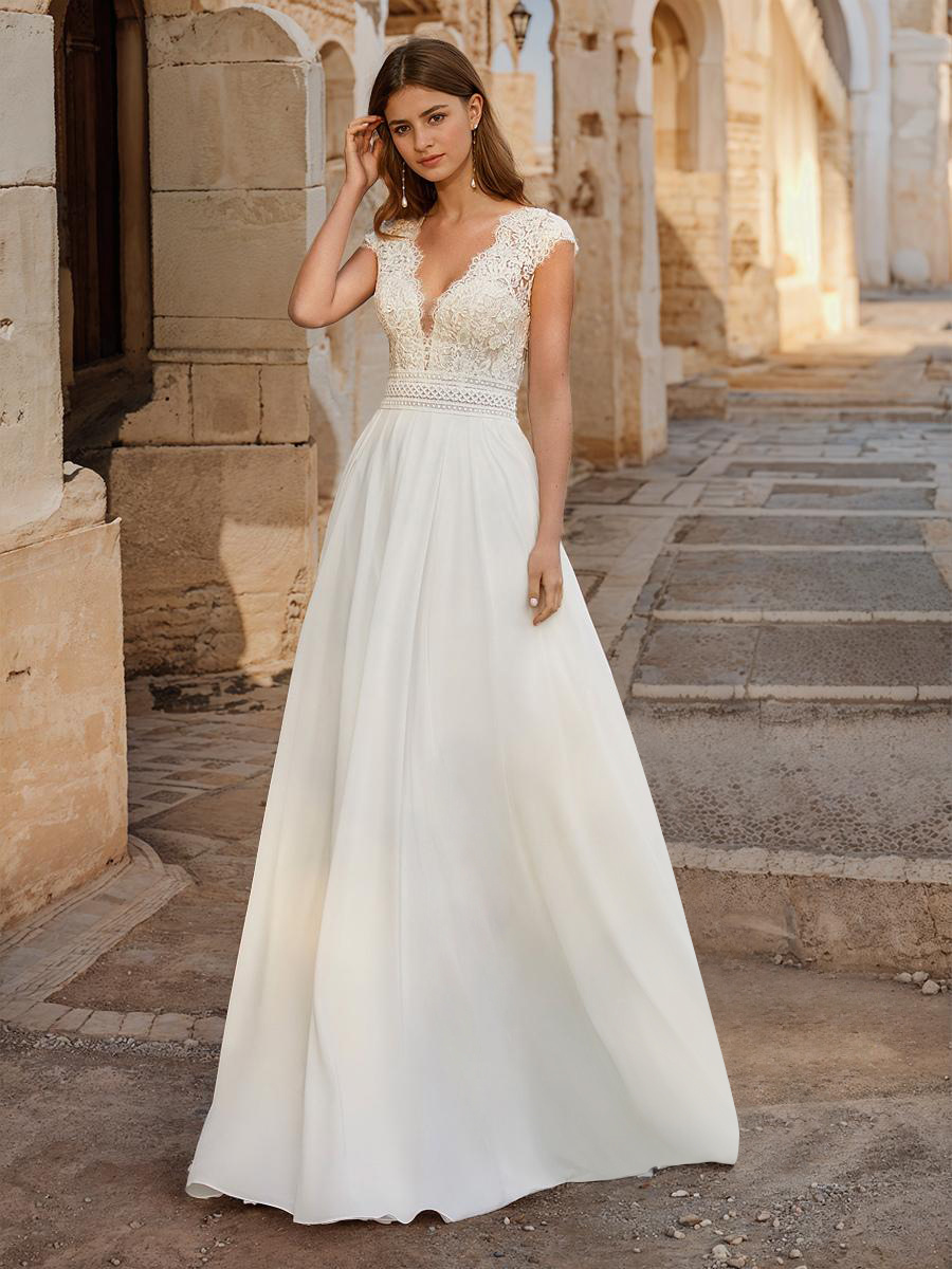 Robe de mariée bohème en dentelle robe de bal en dentelle longueur au sol taille naturelle dos nu sans manches col en V ivoire