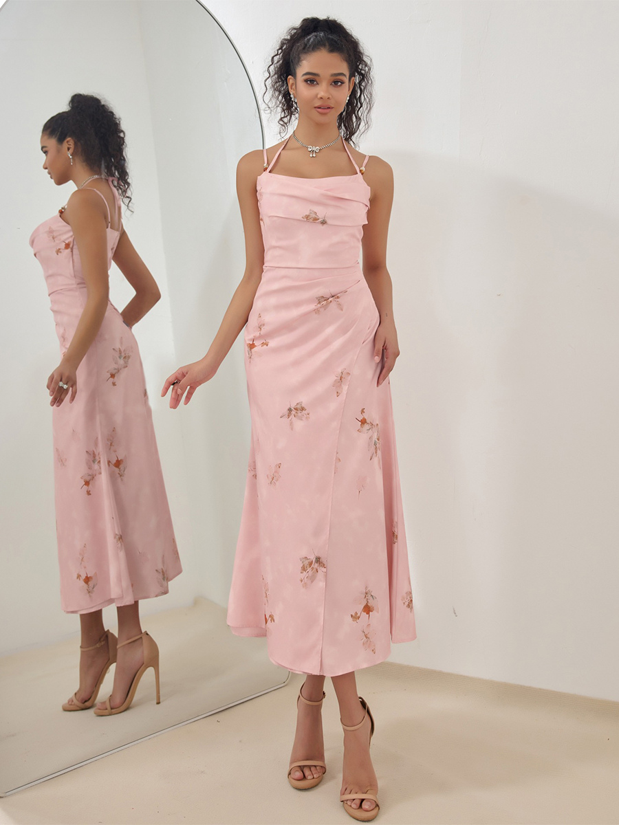 Robe mi-longue décontractée à imprimé floral rose pour femme 2025