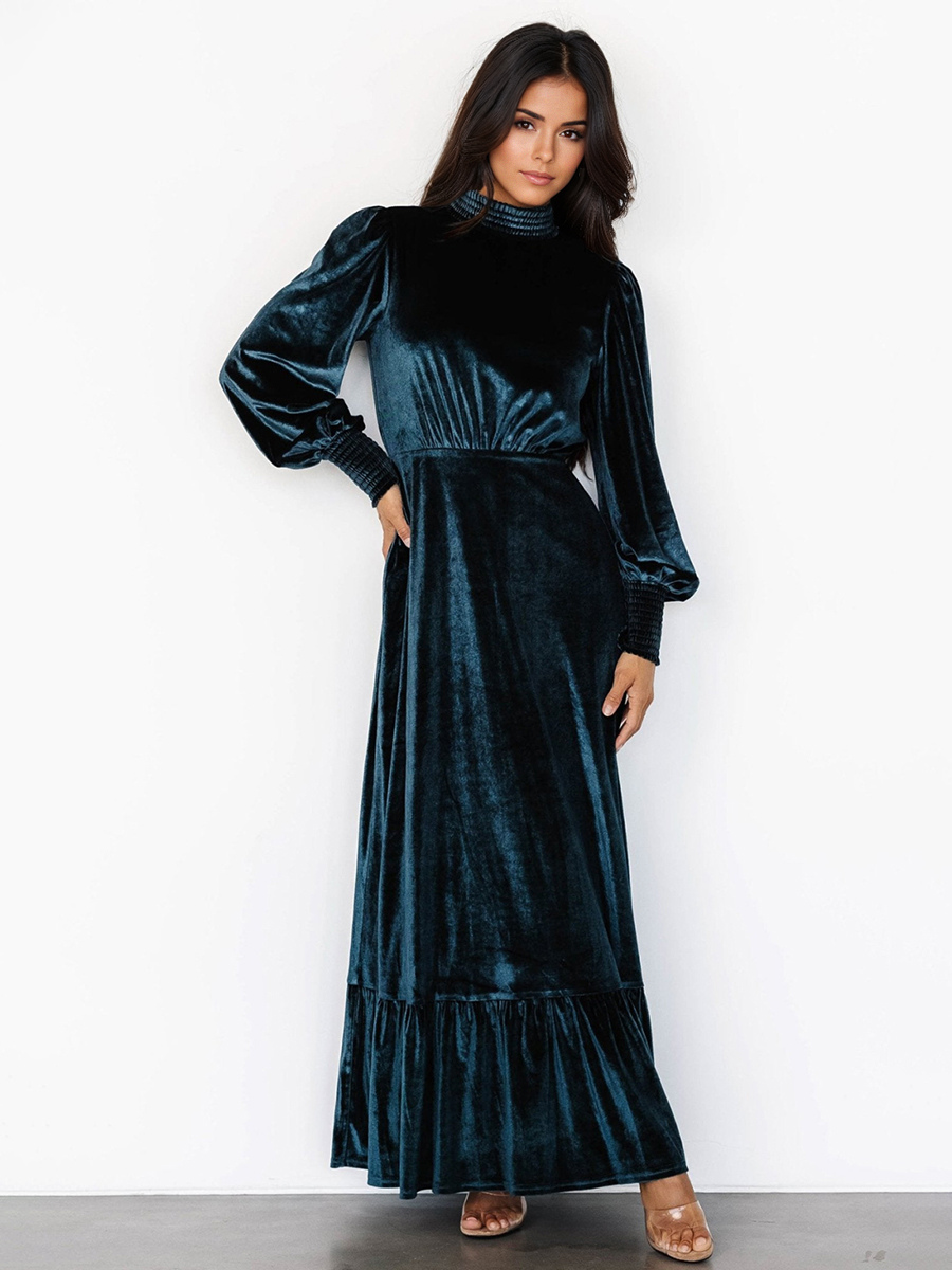 Robe longue vintage en velours à manches évêque et col haut pour femme 2025