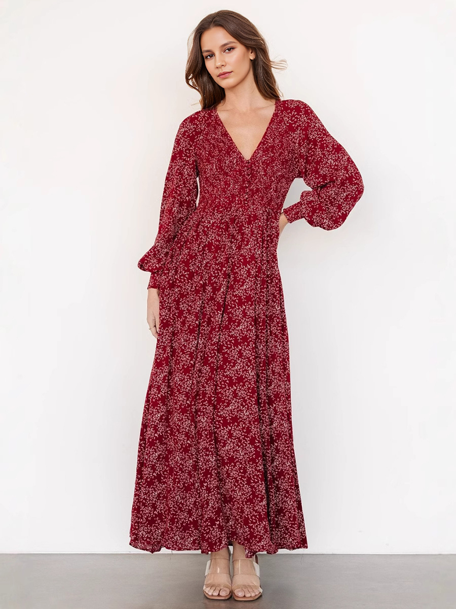 milanoo Bishop Sleeve Floral Dress V-neck Boho Maxi Dress For Women 2025