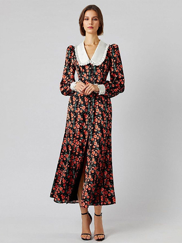 milanoo Peter Pan Collar Floral Dress Bishop Sleeve Vintage Long Dress For Women 2025