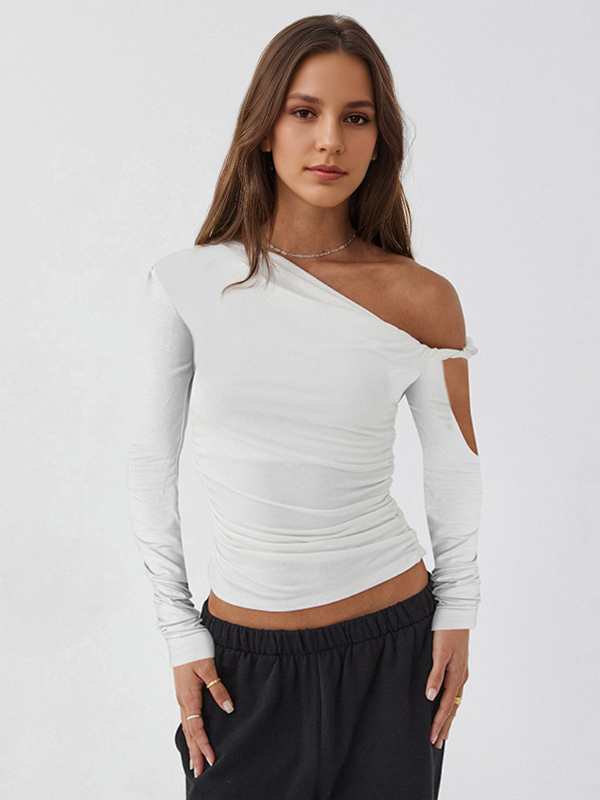 milanoo Ruched Long Sleeve Top Asymmetrical One-Shoulder Spring T-shirt For Women 2025