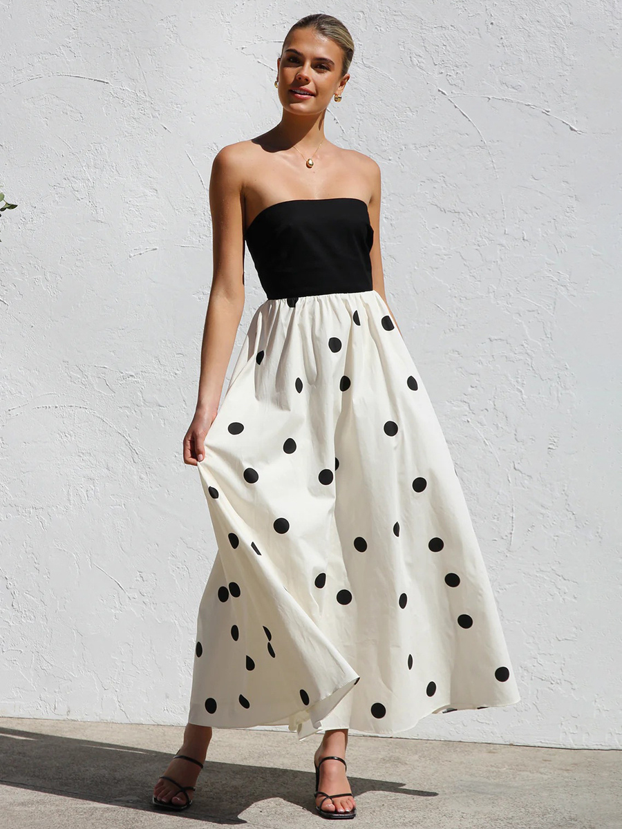 milanoo Polka Dot Long Dress Summer Vacation Beach Strapless Dress For Women 2025