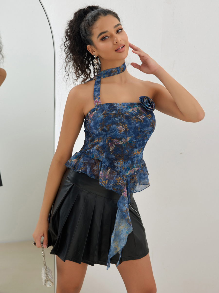 milanoo Floral Print Top With Choker Blue Ruffle Tube Top For Women 2025