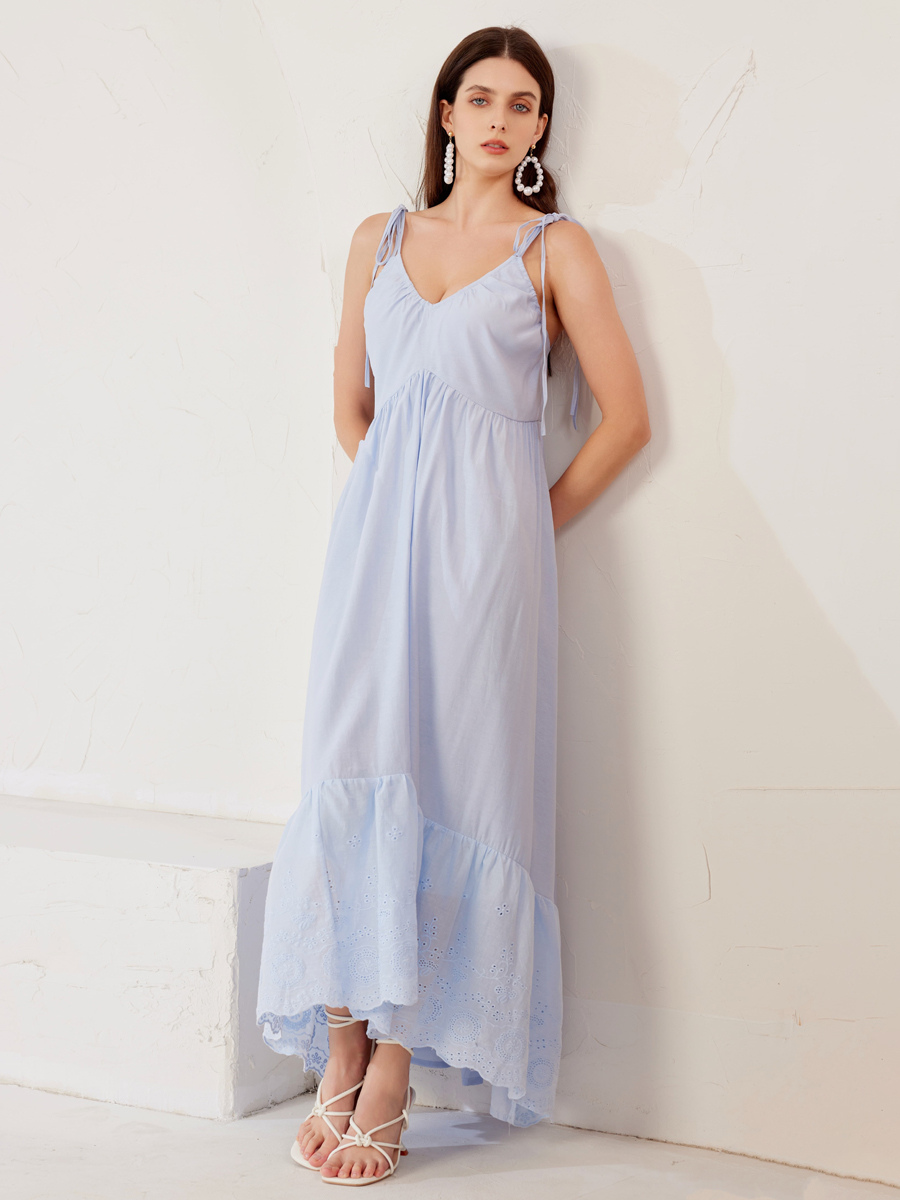 Robe longue à enfiler en bleu col en V taille haute robe d&#39;été pour femme 2025