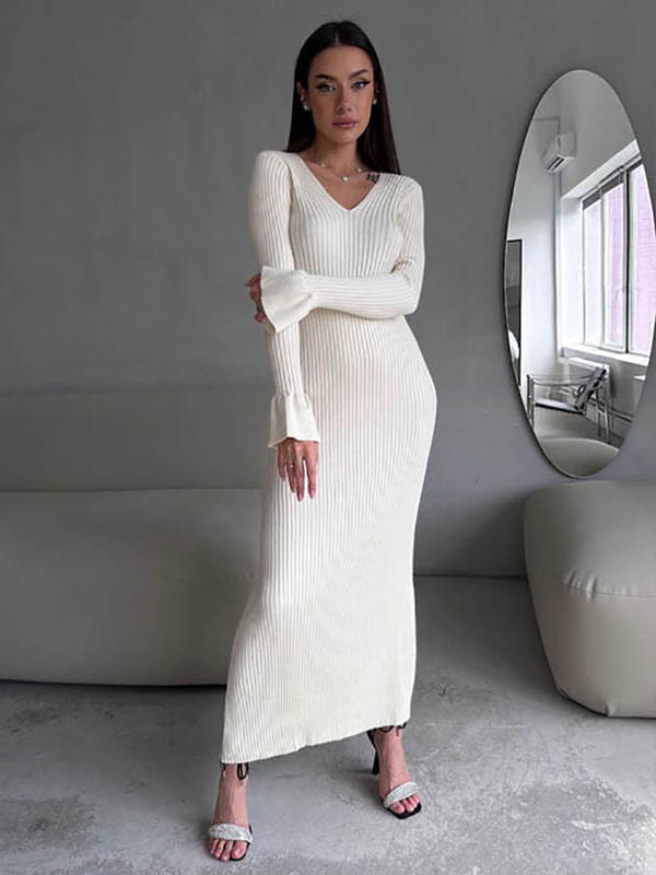 milanoo Knitted Dress With V Neck And Bell Sleeves Elegant Long Dress For Women 2025