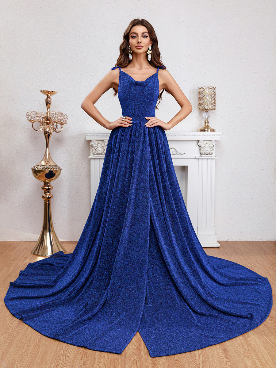 Robe longue bleue éblouissante à bretelles spaghetti et dos ouvert pour femme 2025