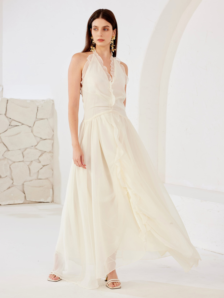 Robe longue blanche à col licou et dos nu robe d&#39;été fluide en forme de A pour femme 2025