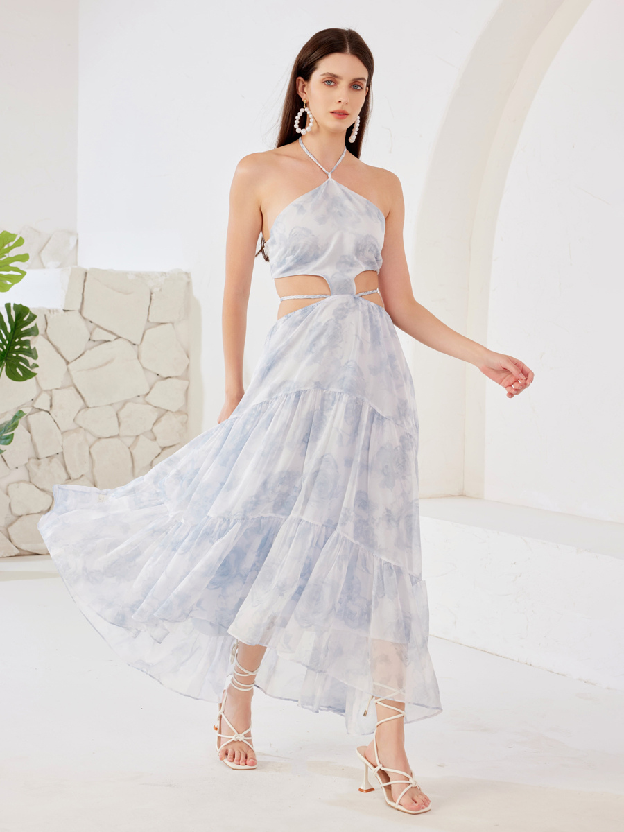 Robe longue à fleurs bleues découpée à la taille et col licou pour la plage et les vacances robe d&#39;été pour femmes 2025