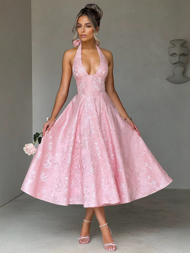 Floral Midi Dress Halter Summer A-line Vintage Dress