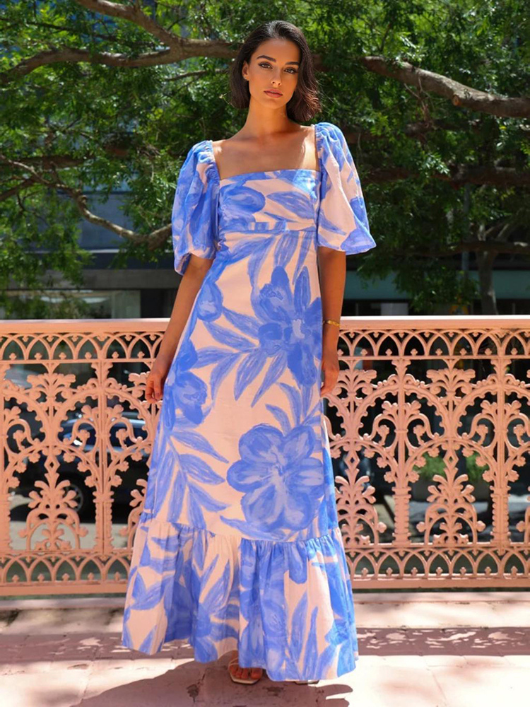 Robe longue à fleurs col carré manches bouffantes robe d&#39;été pour femmes 2025