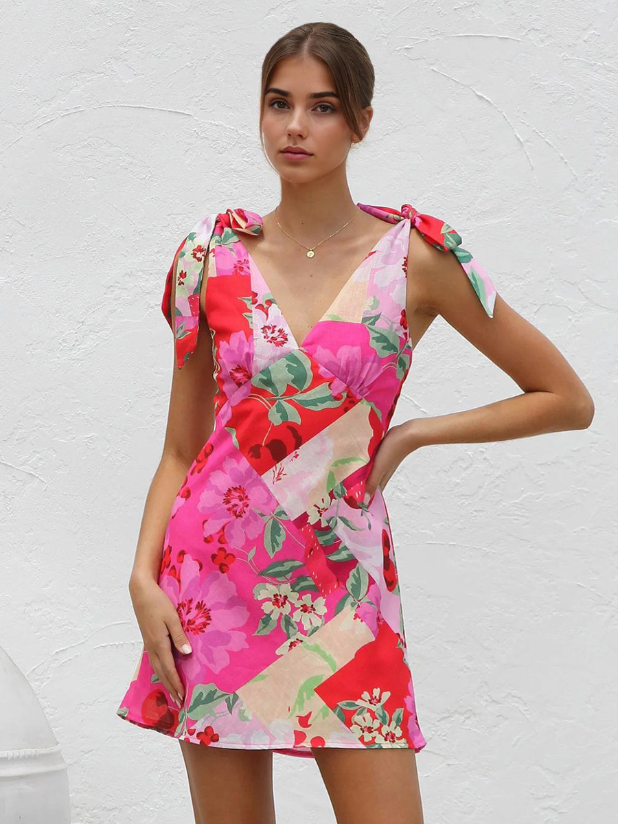 milanoo Floral Dress With Bow Shoulder Summer Vacation Mini Dress For Women 2025