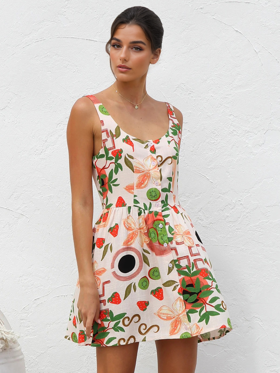 Robe d&#39;été à imprimé floral et fruits pour femme mini robe à enfiler pour les vacances d&#39;été en ligne A 2025