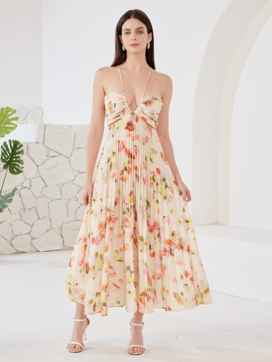 Robe longue à imprimé floral col en V ligne A robe de plage d&#39;été pour femmes 2025