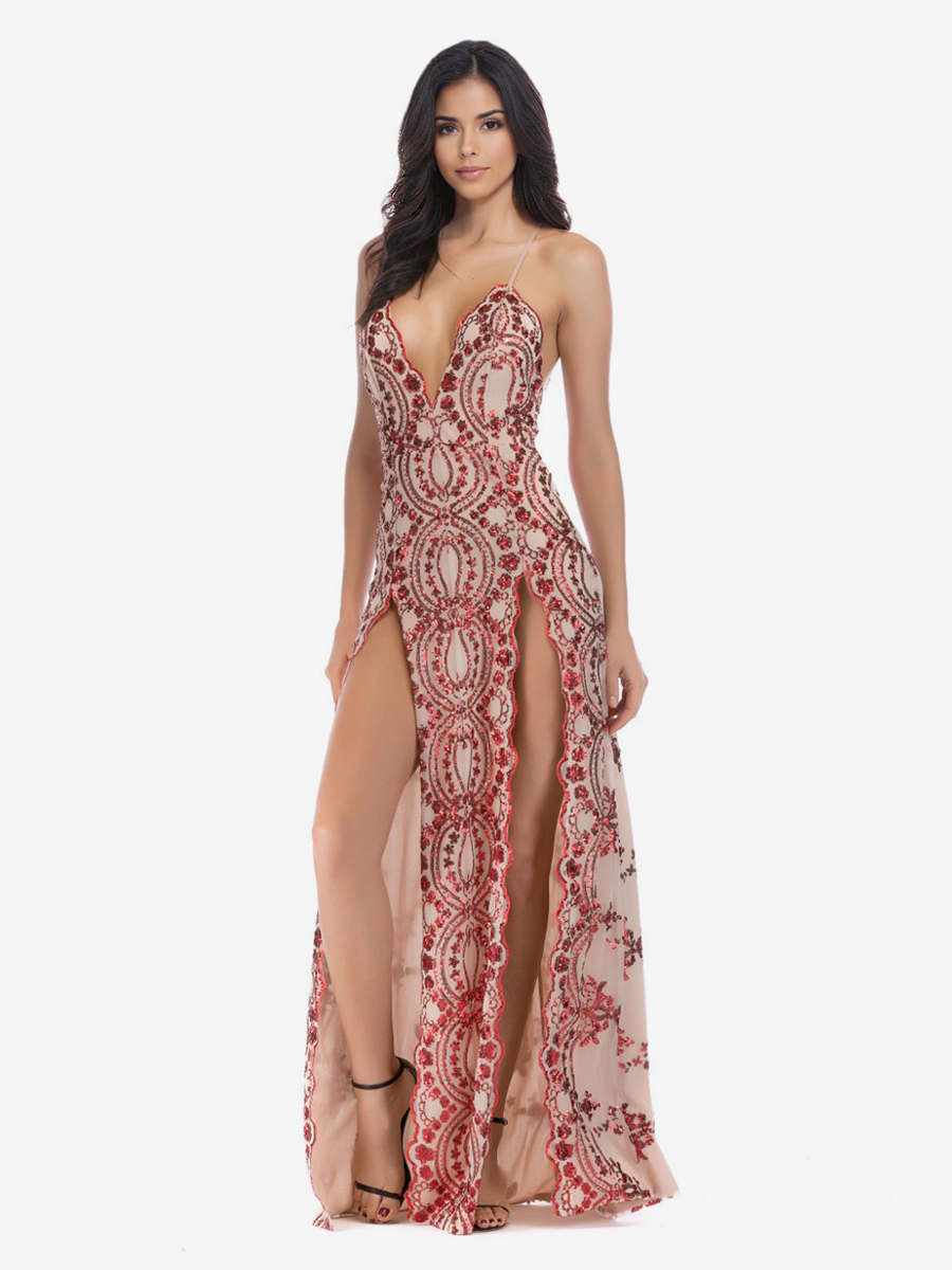 Robe longue à paillettes et bretelles sexy à fente haute pour femme 2025