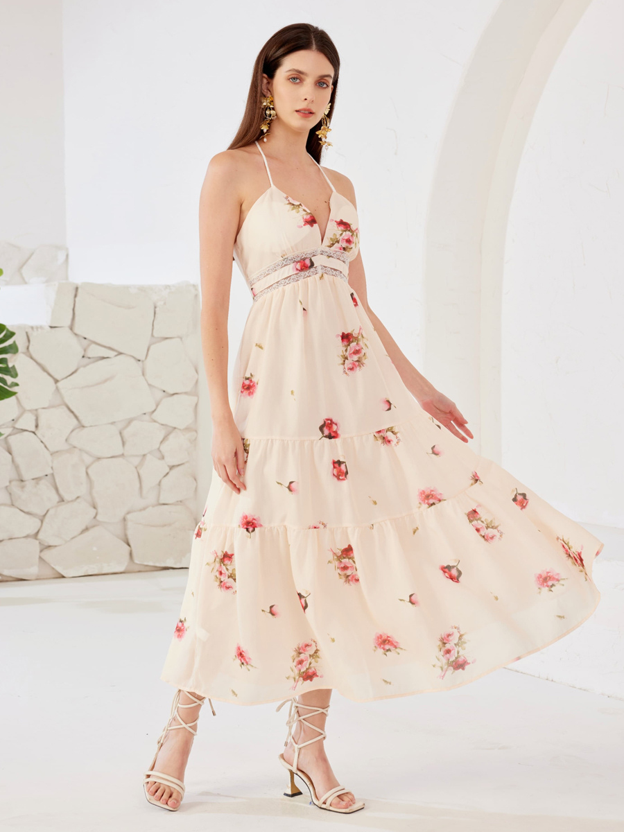 Robe fleurie avec coutures en dentelle col en V sans manches longue robe d&#39;été pour femme 2025