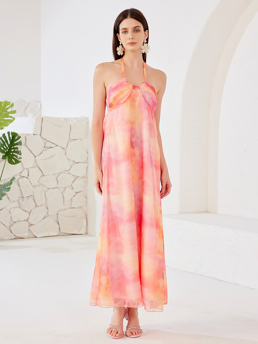 Robe longue d&#39;été à col licou pour femme couleur dégradée pour la plage 2025