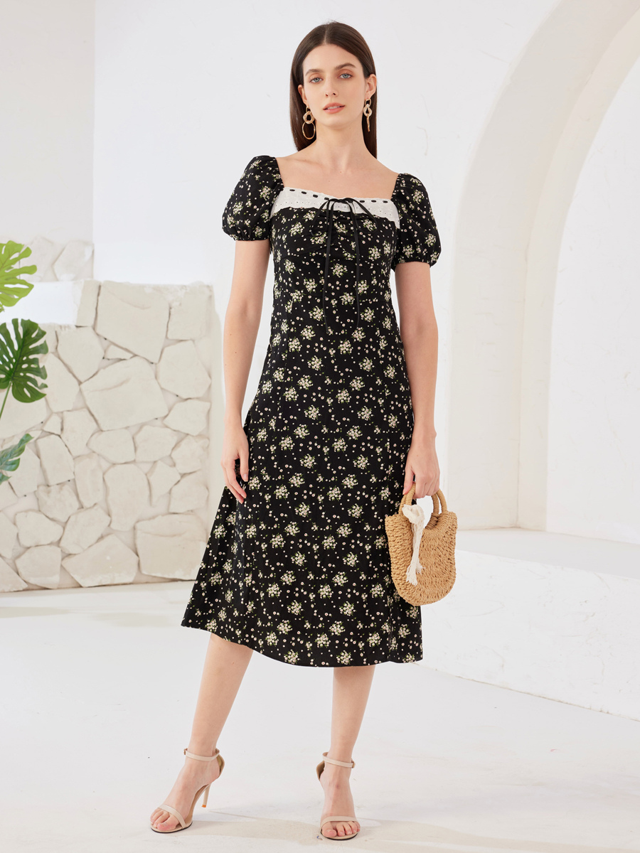 Robe fleurie à col carré et manches bouffantes robe mi-longue d&#39;été pour femme 2025