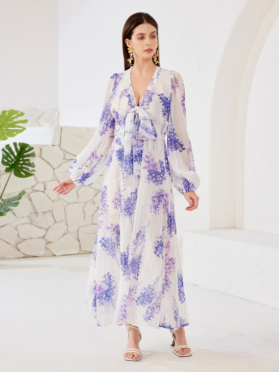 Robe à imprimé floral col en V lanterne manches longues ligne A robe longue de plage pour femmes 2025