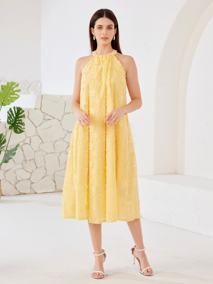 Robe droite brodée de fleurs jaunes col licou applique robe mi-longue d&#39;été pour femmes 2025