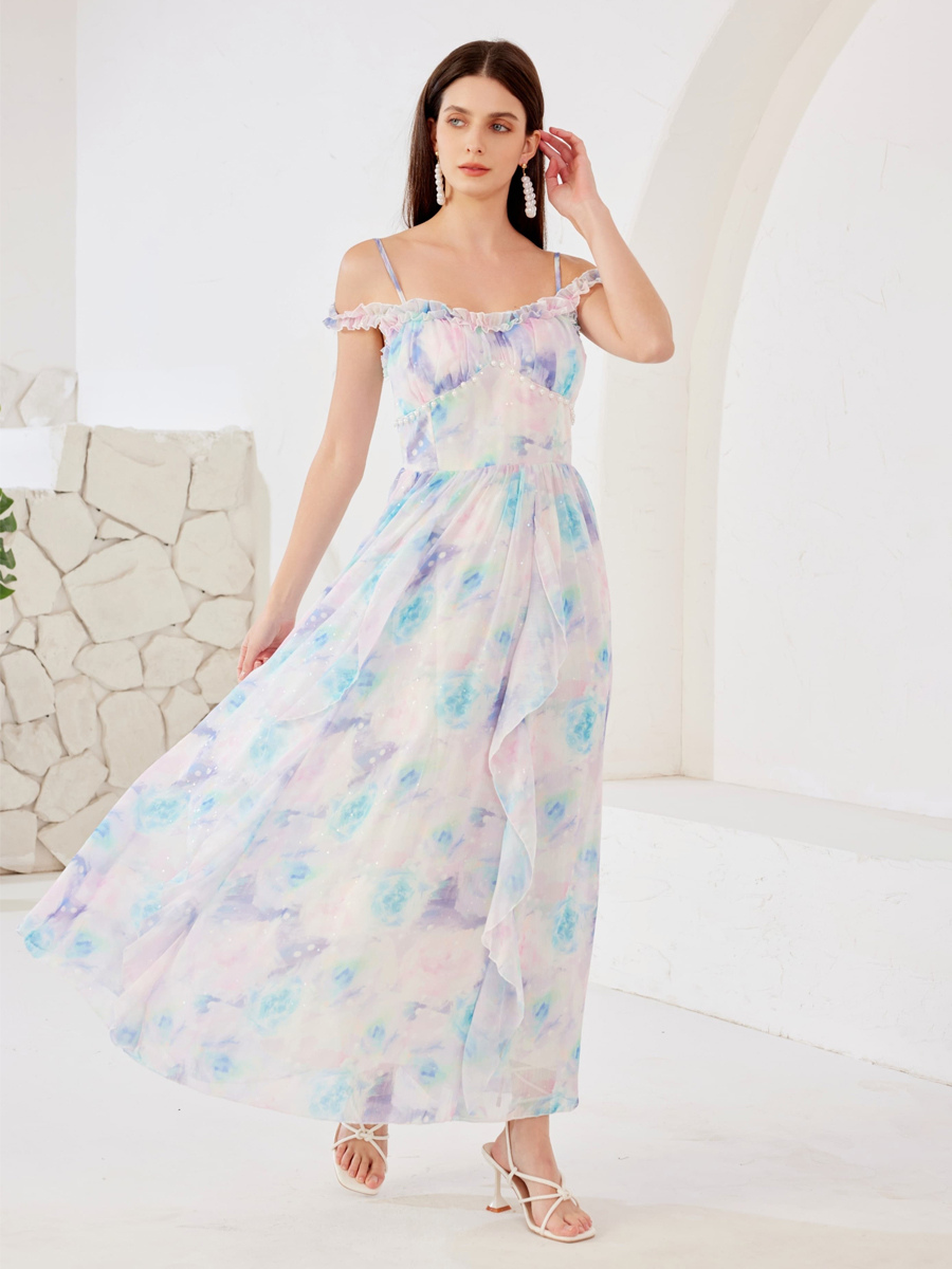 Robe florale aquarelle de rêve avec décoration de perles robe longue d&#39;été à épaules dénudées pour femmes 2025