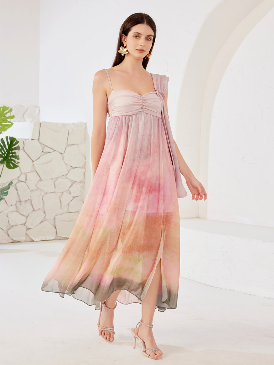 Robe longue imprimée aquarelle avec fente sans manches pour femme 2025