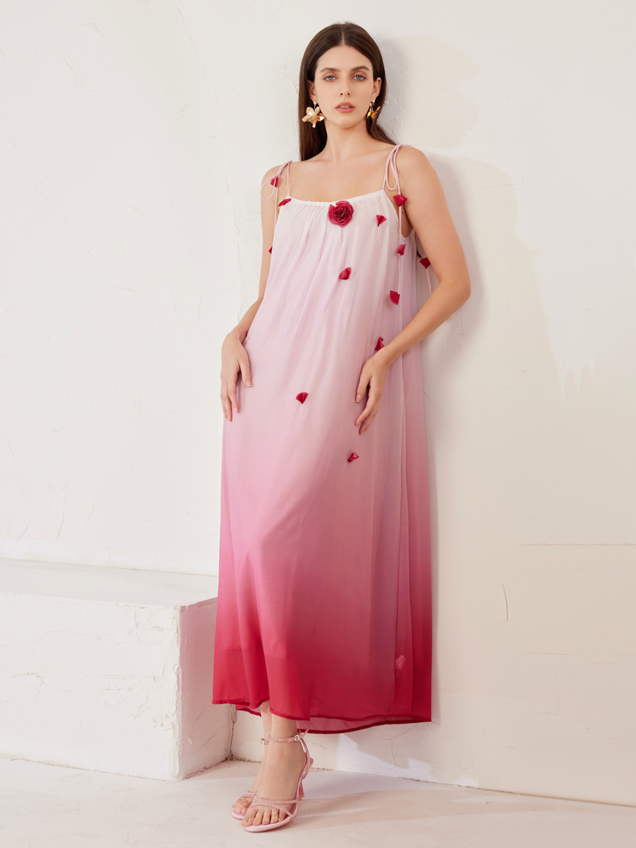 Robe longue rose dégradée avec fleurs 3D pour femme tenue de plage d&#39;été 2025